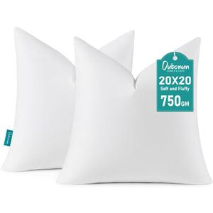 Oubonun 20 x 20 Down Feather Throw Pillow Inserts - Fluffy and Plush Odor-Free Fill - 100% Breathable Cotton Fabric for Couch Sofa Bed, White, Pack of 2