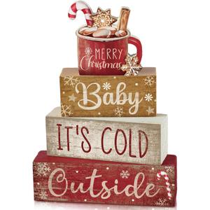 4 Pcs Christmas Table Decor Wooden Hot Cocoa Decoration Christmas Centerpiece Winter Tiered Tray Decor Decorative Red Hot Cocoa Block Signs Gift Farmhouse Xmas Decoration for Home Kitchen