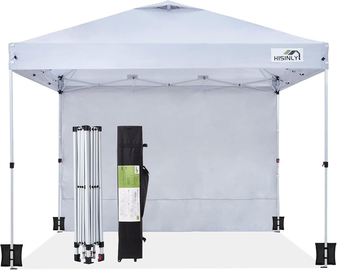 10x10ft Pop Up Canopy Tent with Removable Sidewall, Instant Shade Canopy with Vented Roof for Patio Outdoor Camping with Wheel-Bag, 4 Sand Bags, 8 Stakes