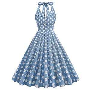 Women 50s Vintage Polka Dot Halter Cocktail Swing Dress with Pockets Notch Lapel 1950s Retro Rockabilly Prom Dresses 60s 50's Style Audrey Hepburn Dress Fit Flared A Line Pin Up Dresses Halter-Blue, Small