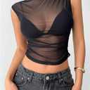 RoseSeek Women's Mesh See Through Tank Top Sleeveless Mock Neck Ruched Crop Tops Going Out Outfit (S)