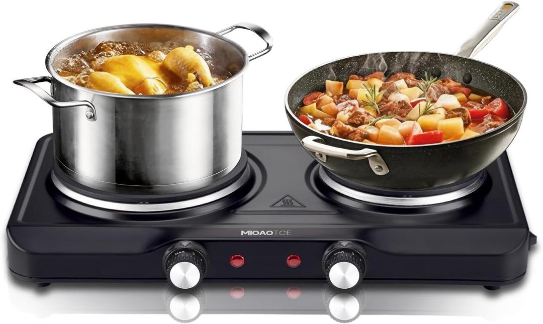 1800W Electric Hot Plate for Cooking, Double Burner with 7.2"&6.1" Cast Iron Heating Plate, Portable Cooking Stove, Adjustable Temperature Controls, Easy to Clean, Compatible for All Cookwares