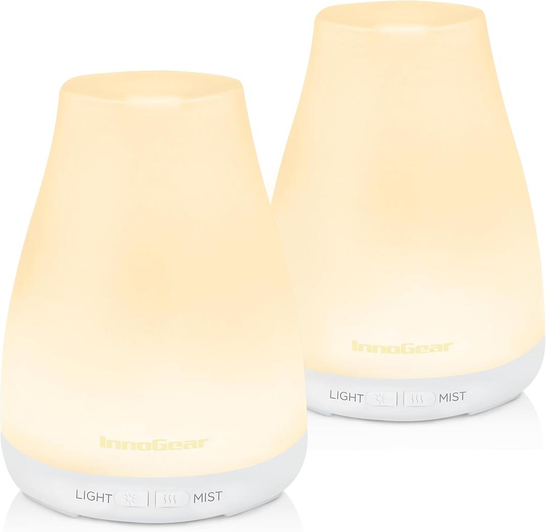 InnoGear Essential Oil Diffuser, 2 Pack Ultrasonic Diffusers for Home Aromatherapy Humidifier for Bedroom Room 7 Colors LED 2 Mist Mode Auto Off, Basic White