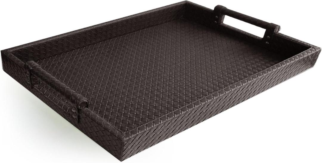 American Atelier Leather Serving Tray  Large 19x14 Decorative Platter w/Carry Handles for Food, Drinks, Ottoman or Centerpiece, Idea for Birthday, Holiday, Brown New