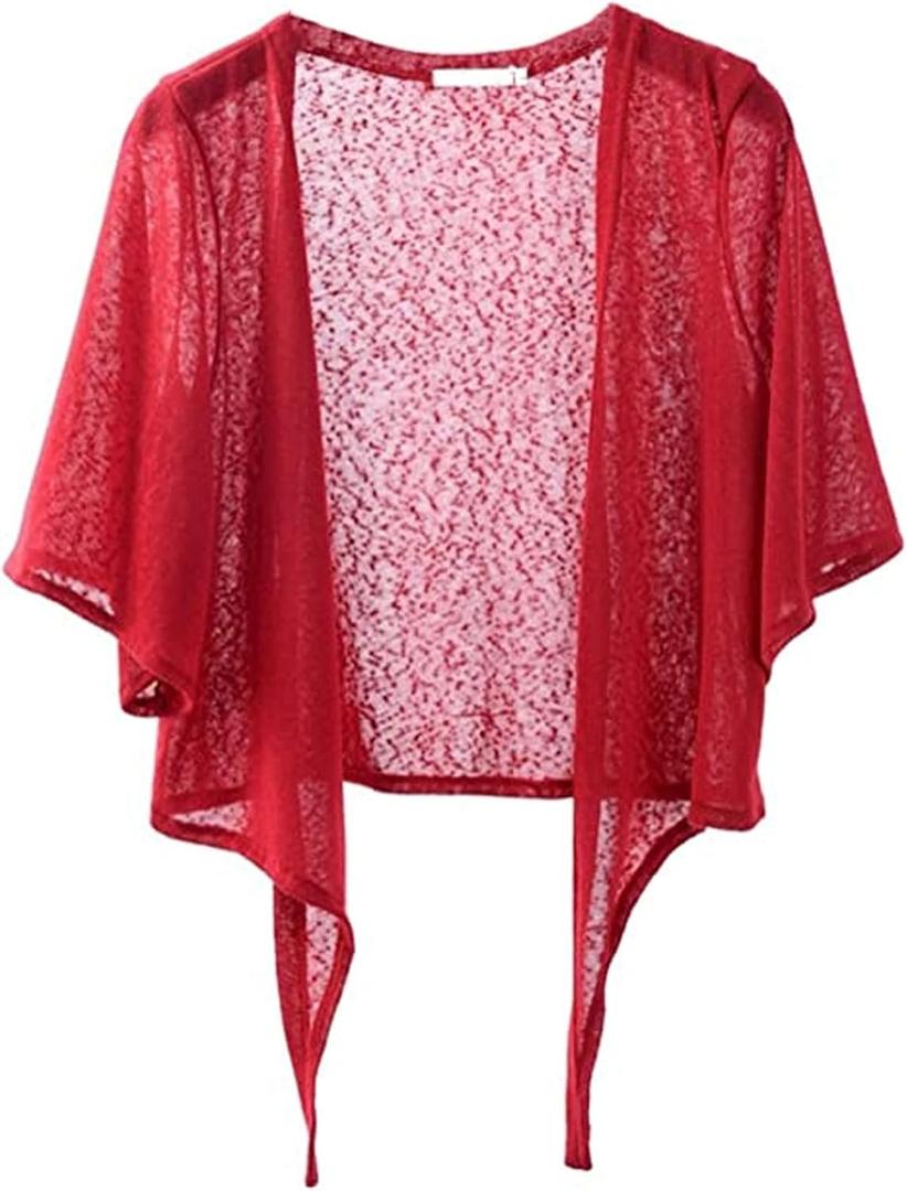 Shiyifa Women's Shrugs 3/4 Sleeve Open Front Cardigan Lightweight Tie Front Bolero Shrug (Red) One Siz