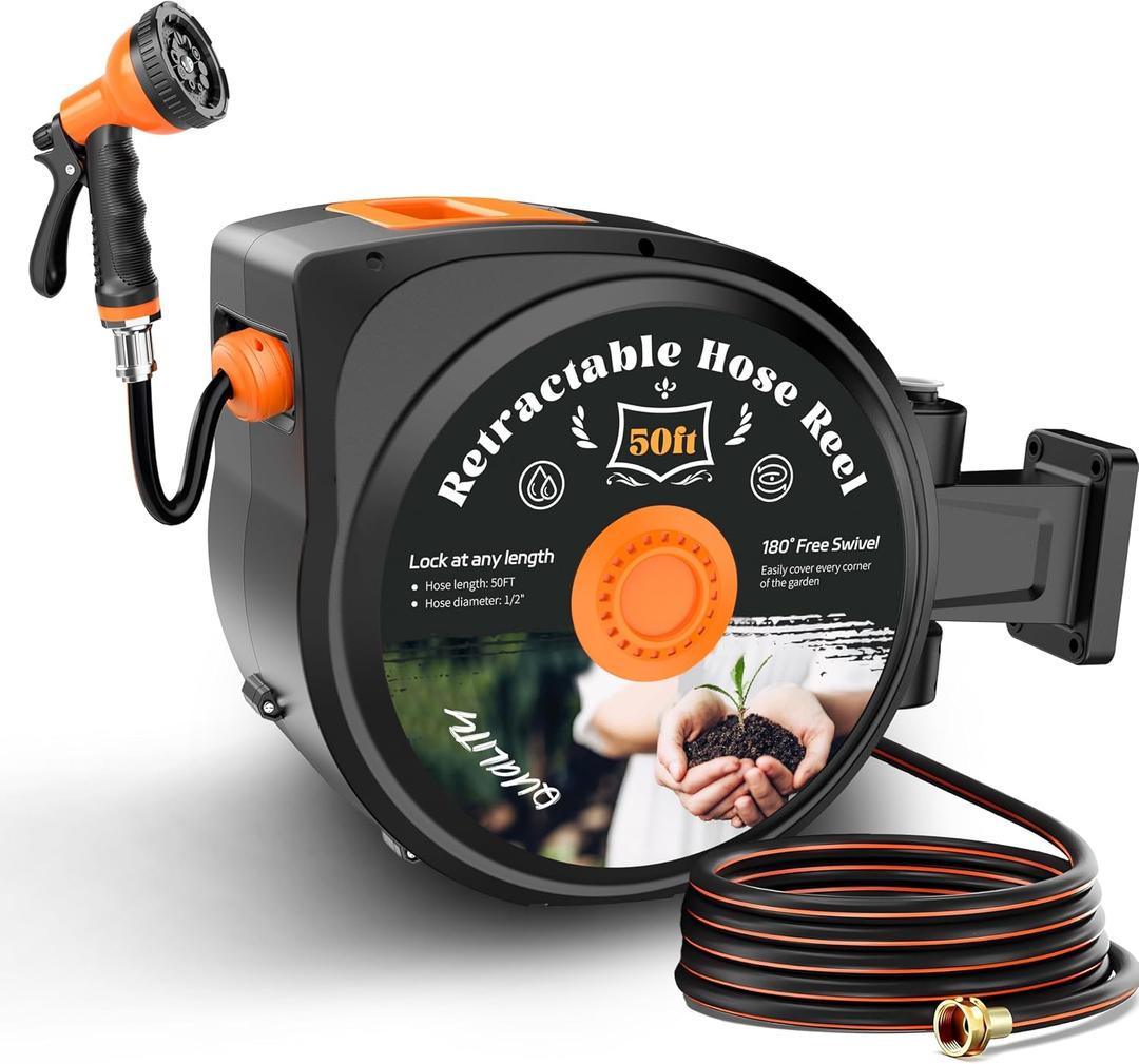 Retractable Garden Hose Reel, 50ft x 1/2", Wall Mounted, 10-Pattern Nozzle | 180 Swivel Bracket, Any Length Lock, with Nozzle Set, for Garden Watering, Car Washing & Patio Cleaning