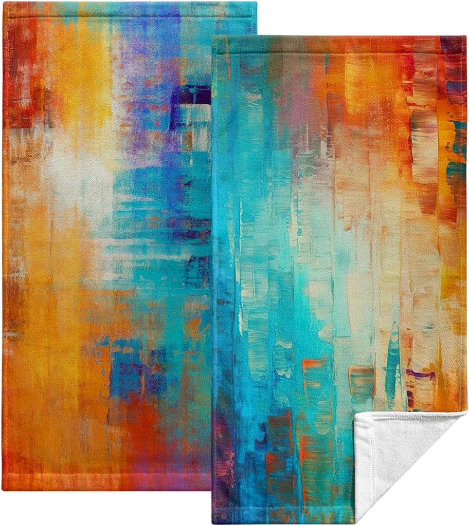 Burnt Orange Hand Towels Set of 2,Turquoise Modern Abstract Art Oil Painting Soft Absorbent Fingertip Face Towels Multicolor Kitchen Guest Dish Towel Multipurpose for Bathroom