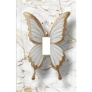 Decorative Light Switch Covers White-Gold 3D Butterfly & Abstract Marble Single Toggle Light Switch Cover Plate 1 Gang Outlet Covers Wall Plate Luxury Abstract Modern Dimmer Faceplate Bedroom