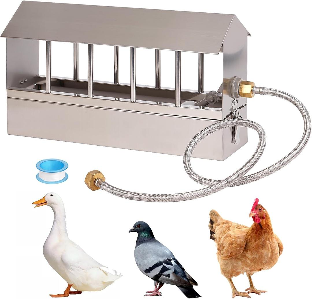Automatic Chicken Waterer Stainless Steel Chicken Water Feeder Pigeon Water Dispenser with Float Valve Automatic Filling Water Poultry Waterer Fountain for Duck Goose Pigeon Quail