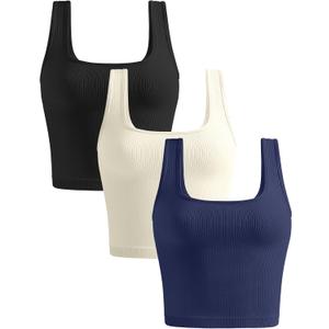 KIKIMINK Womens Crop Tank Tops 3 Pack Seamless Ribbed Sleeveless Square Neck Workout Yoga Gym Shirts Fitted Basic Camisole (Black, M)