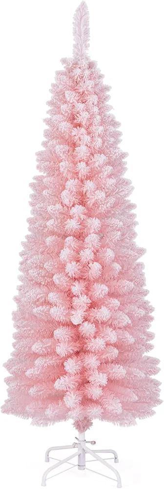 DORTALA 5 FT Pencil Christmas Tree Pink, Unlit Artificial Slim Xmas Full Tree with 328 Branch Tips, Folding Metal Stand, Flocked Skinny Decor Tree for Home Office Party