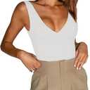 REORIA Butsmooth Womens Trendy Sexy Plunge Deep V Neck Sleeveless V Backless Going Out Tank Bodysuits Tops (Medium, White)