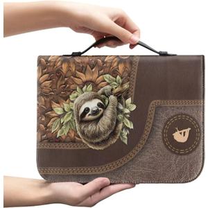 Men Brown Bible Cover Sloth Print Women Bible Carrying Case Church Bag with Multiple Pockets, Bible Case with Top Handle (Medium)