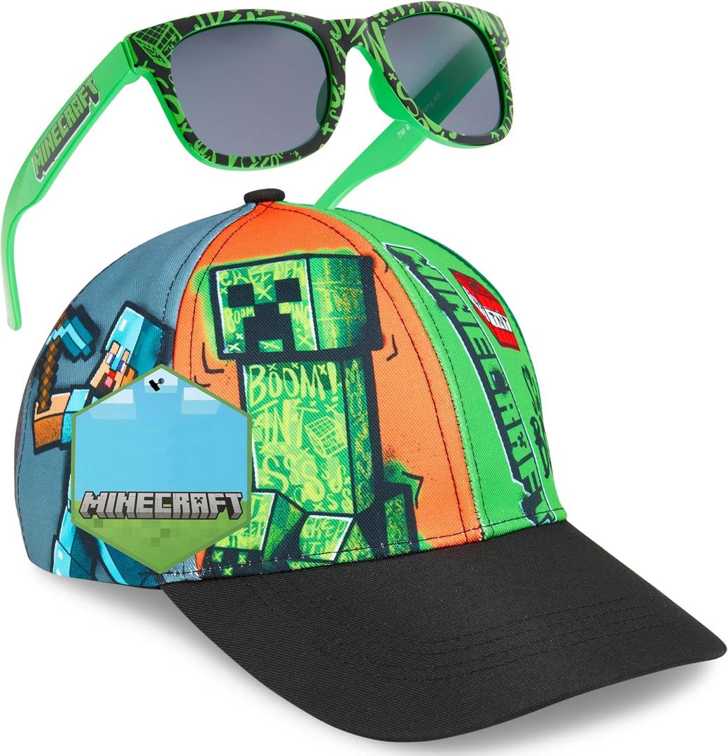 Minecraft Trucker Hat Baseball Cap and Kids Sunglasses Set Adjustable Snapback UV Protection Gamer Gifts (6-14 Years, Multi)