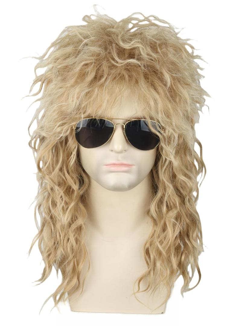 Topcosplay Men or Women 80s Mullet Wig Ash Blonde Rock Disco Wigs Long Curly (Blonde-27/613)