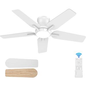 POCHFAN 42 Inch White Ceiling Fans with Lights and Remote, Flush Mount Low Profile Ceiling Fan for Bedroom, Living Room, Patio, Dimmable 6 Speeds Noiseless Reversible, ETL Listed