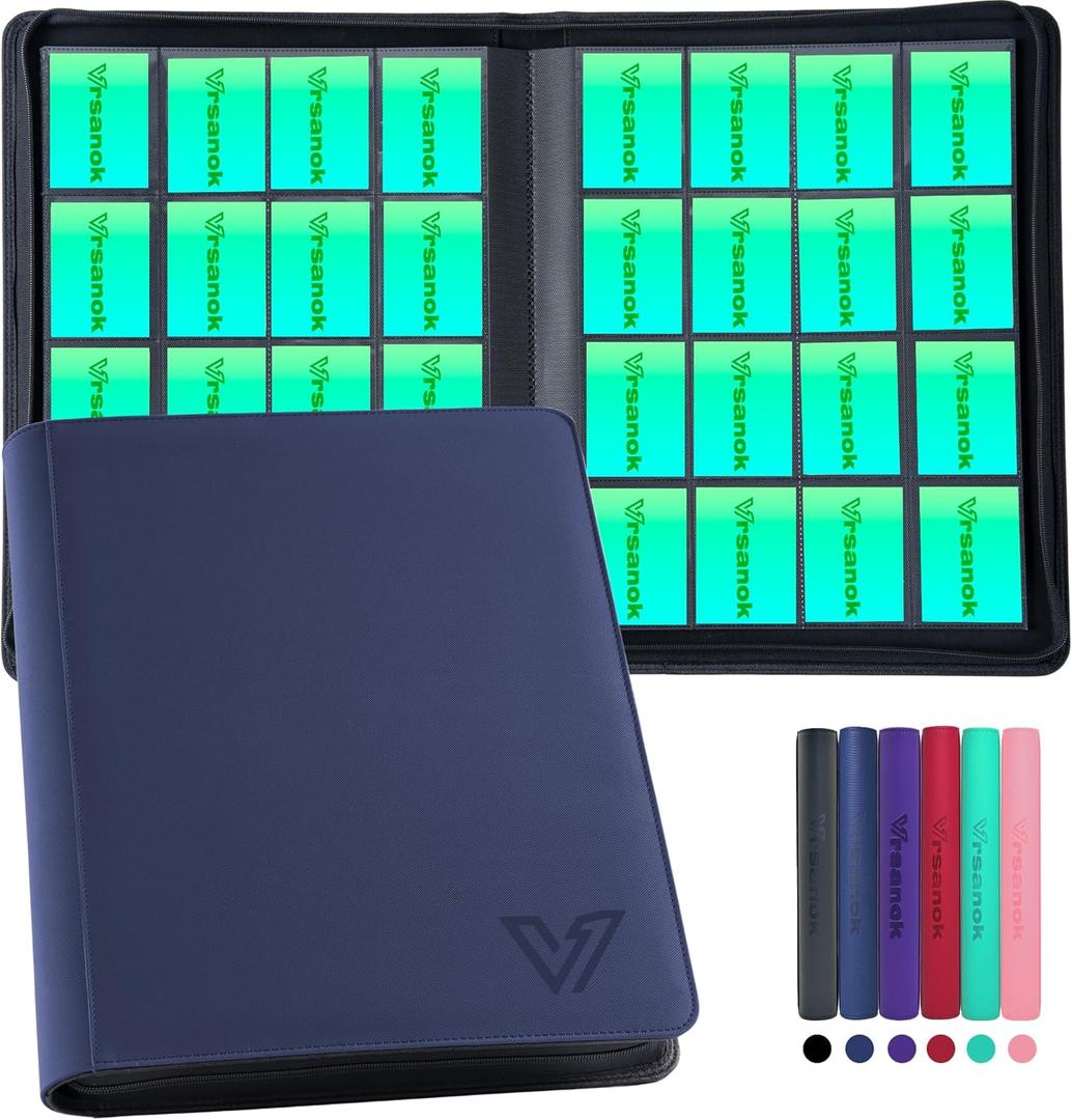 16 Pocket Trading Card Binder  Holds 1280 Cards, Large Capacity 4x4 Card Album with 40 Double-Sided Pages,Ringless PU Cover Zipper Card Folder for Sports & Standard Size TCG Cards (Blue)