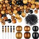 Dingion 1055 Pieces Wooden Hair Beads Set - 600 Barrel Wood Beads (9x10mm, 11x12mm, Black, Coffee, Light Coffee) & 450 Black Elastic Hair Bands with 5 Quick Beaders