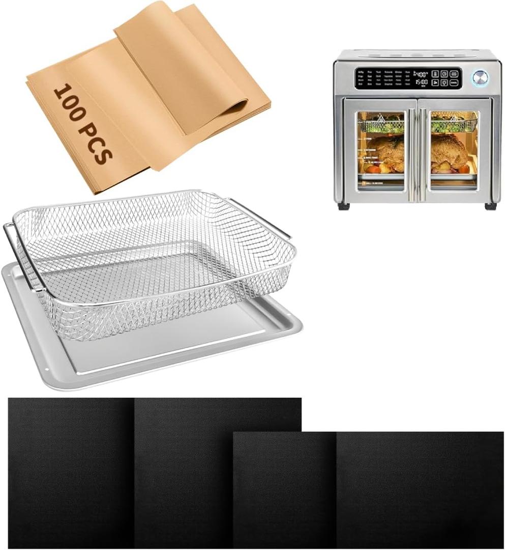 Air Fryer Accessories Compatible with Emeril Lagasse 26 Qt Extra Large, Baking Pans Set with Stainless Steel Baking Sheet Basket, Parchment Paper Teflon Mat for Oven, 26 quarts