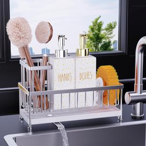 Cisily Dish Soap Dispenser, 12 fl oz Kitchen Soap Dispensers with Sponge Holder, Stainless Steel Pump Glass Kitchen Soap Dispenser Set, Hand and Dish Soap Bottle Set, Kitchen Decor Accessories (Silver Sink Caddy + White Bottle)