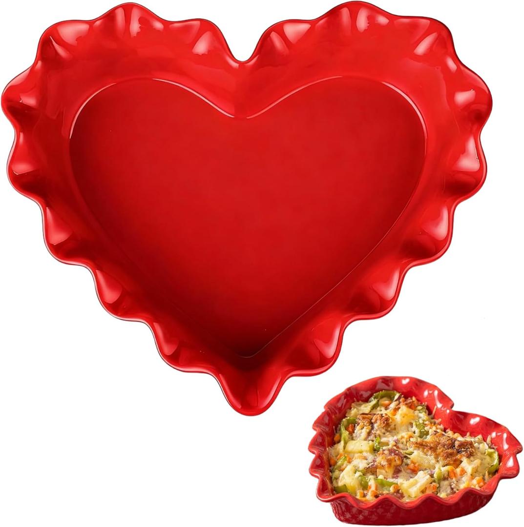9in Valentine's Day Heart Shaped Deep Pie Dish 2.6in Ceramic Ruffle Heart Pie Pan Baking Dish for Valentine Wedding Anniversary Party Apple Quiche Pot Pies Tart for Microwave Oven(Red)
