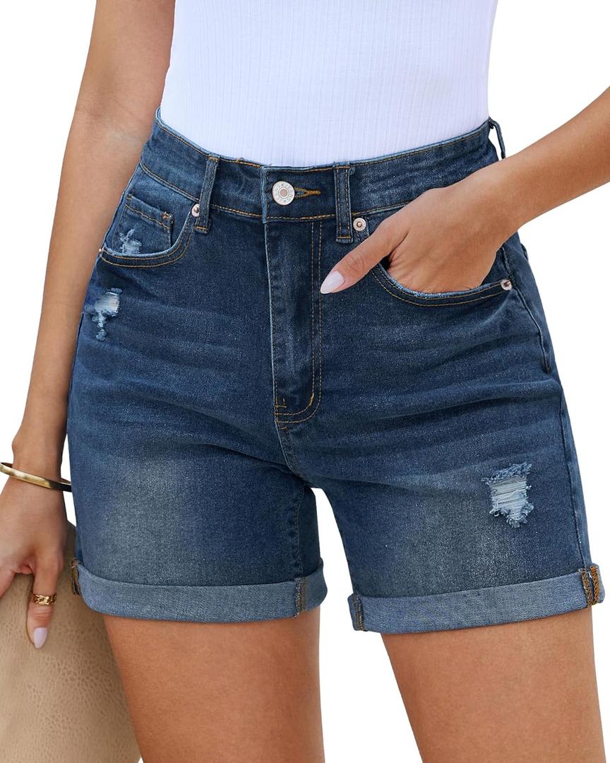 Utyful Jean Shorts for Women High Waisted Trendy Casual Summer Distressed Jorts Ripped Fold Hem Stretchy Denim Shorts, Medium, Darkness Blue