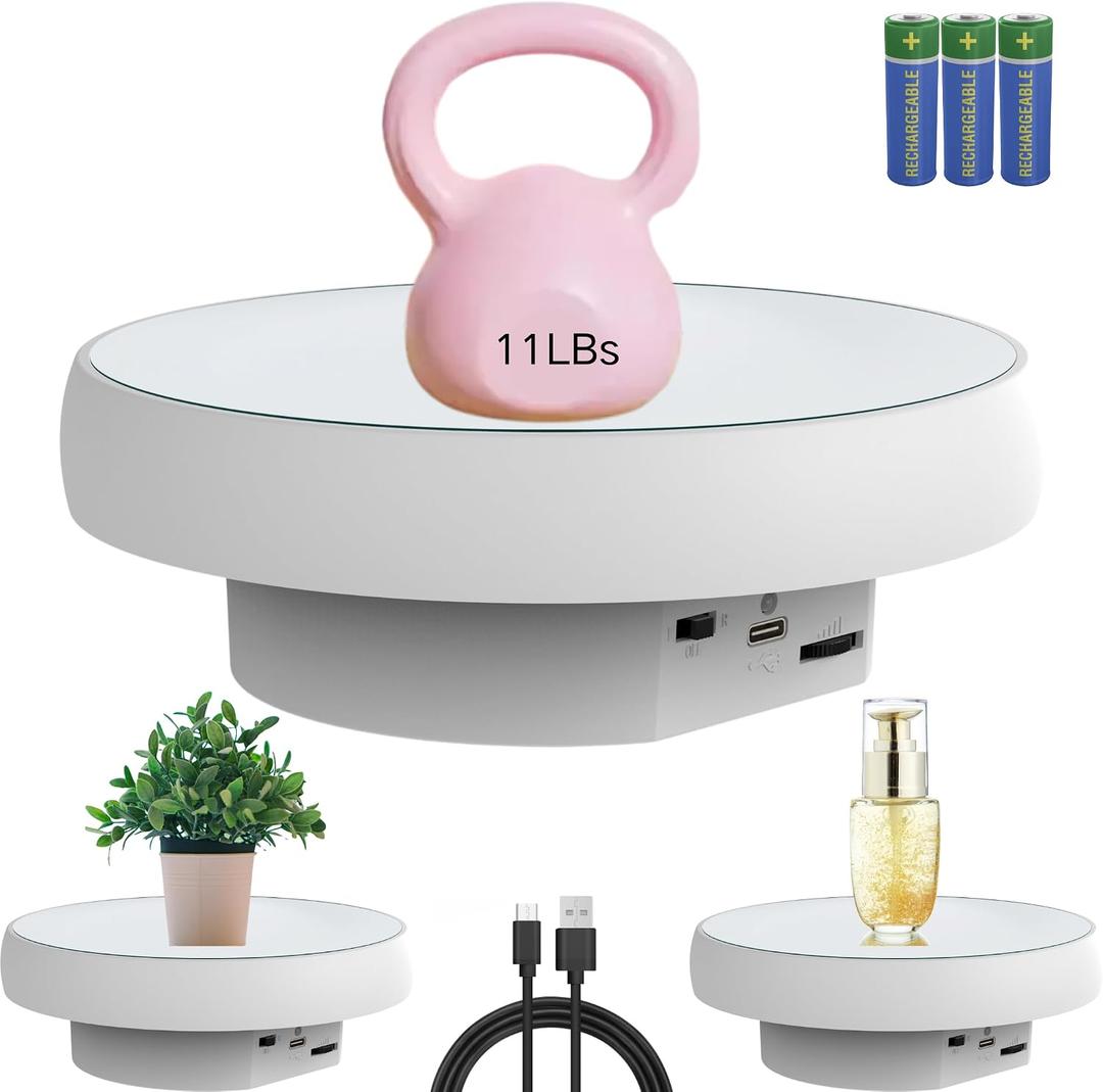 JAYEGT Motorized Rotating Display Stand, 6.3inch /11Lbs Load ,Mirror Cover 360 Degree Electric Rotating Turntable ,Cup Display Turner Stand,Photography Products, Jewelry ,Tumbler-White