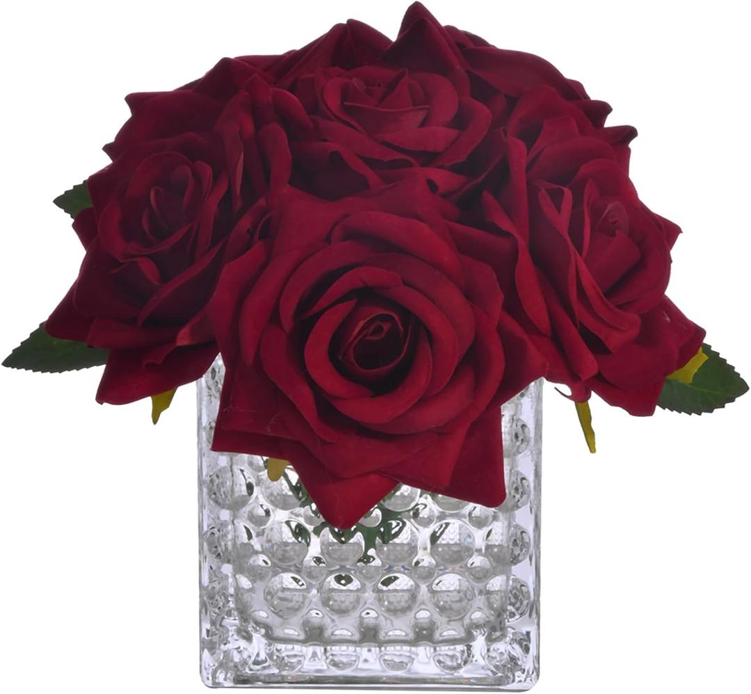 Fule Artificial Silk Rose Flower Centerpiece Arrangement in Glass Vase with LED Light for Home Wedding Decoration (Burgundy)