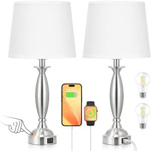 White Lamps for Bedrooms Set of 2 - Touch Control Bedside Lamp with USB C+A, 3 Way Dimmable Nightstand Lamps with USB Port, Table Lamp for Living Room(White Shade and Nickel Base)