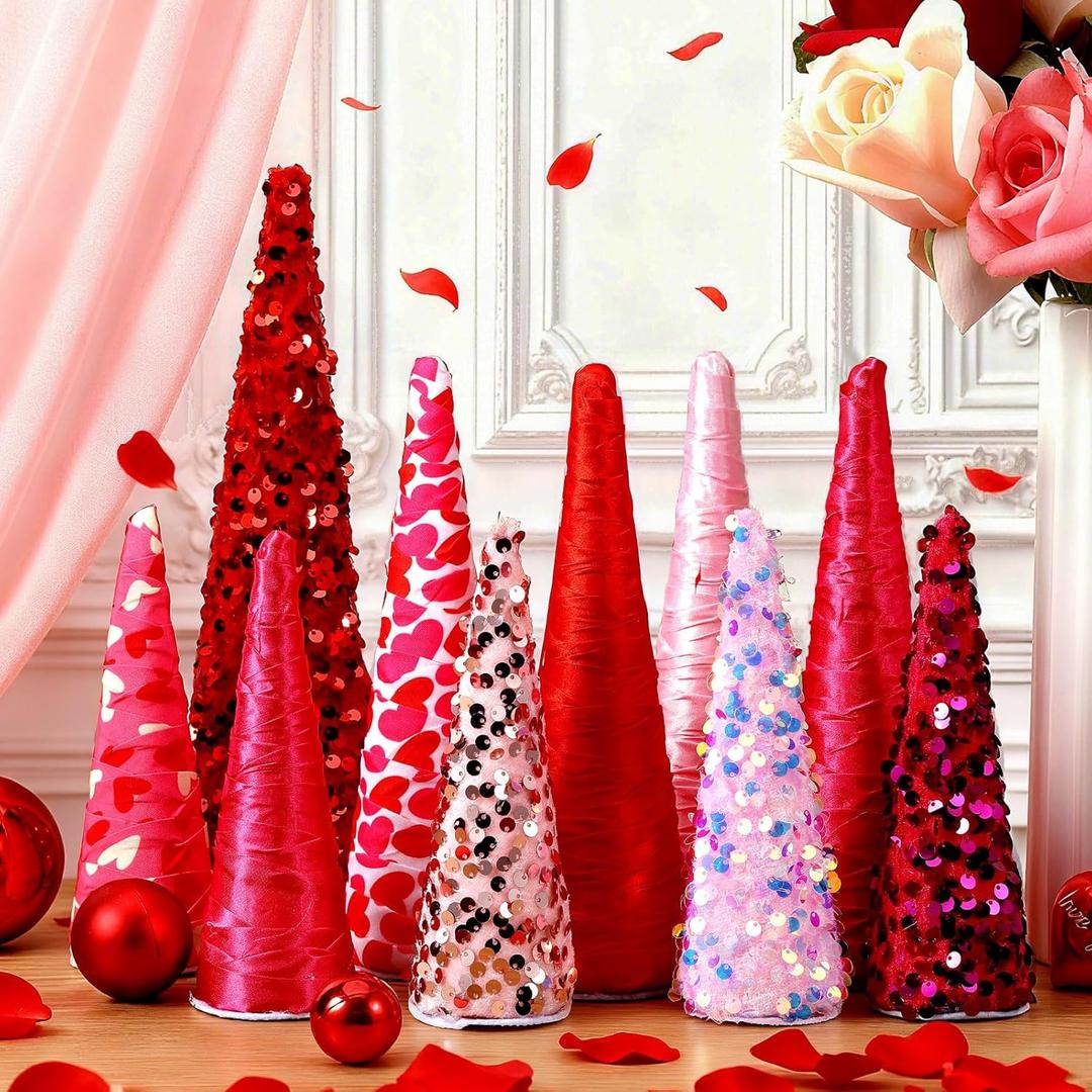 10 Pcs Pink Valentines Cone Tree Decorations Pink Heart Sequins Glitter Valentines Table Tree Centerpiece Tiered Tray Decor Tabletop Centerpiece for Home Bedroom Wedding Party