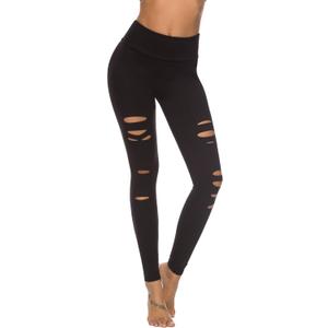 DIBAOLONG Womens High Waist Yoga Pants Cutout Ripped Tummy Control Workout Running Yoga Skinny Leggings (X-Small, Black)