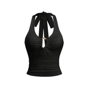 WDIRARA Women's Cut Out Sleeveless Halter Top Deep V Neck Tie Backless Going Out Tank Tops Black X-Small (Black, XS)