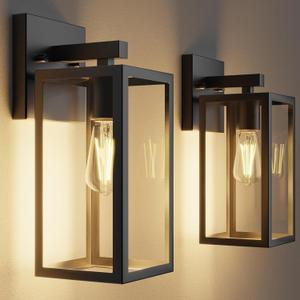 Kalium Porch Lights Outdoor Wall Light Fixture 2pcs, Matte Black, Wall Sconce 12.4 in, Toughened Frame, Clear Glass Shade, Waterproof Lanterns, for Patio, Exterior, Front, Door, Entryway