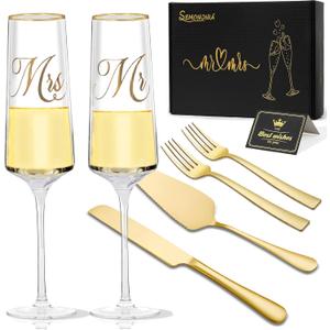 Mr and Mrs Champagne Flutes, Wedding Cake Cutting Set of 6, Bride and Groom Champagne Glasses, Wedding Cake Knife and Server Set, Bridal Shower Gift, Engagement for Couple Newlyweds (Gold)