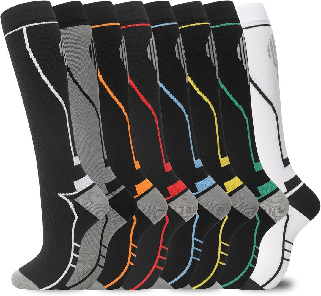 hello momoya Compression Socks for Women Men Circulation Knee High 8 Pairs for Nurses, Running, Travel, Athletic (Large-X-Large, 00-8 Pairs-black White Gray)