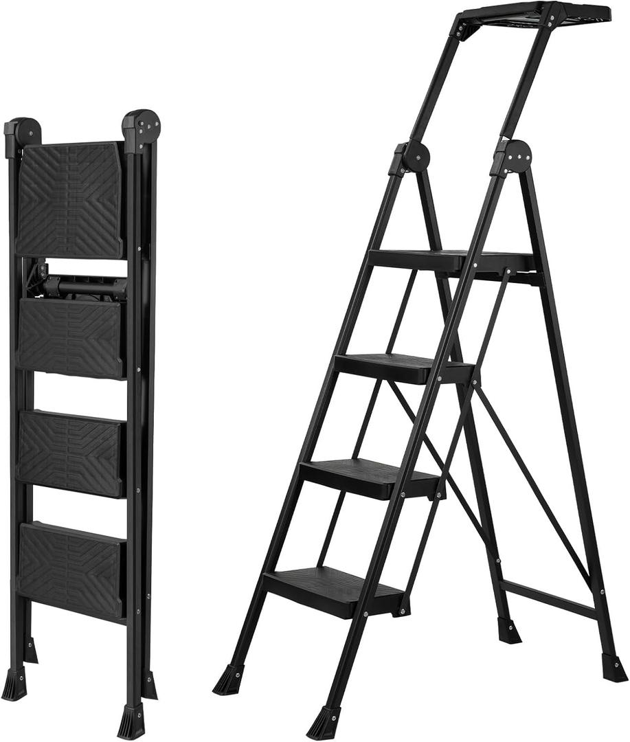 XinSunho 4 Step Ladder, Foldable Handrail & Tool Tray Stool Ladders with Anti-Slip Wide Pedal, 660 lbs Sturdy Steel Ladder for Home Kitchen and Outdoor (Black)