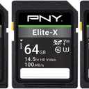 PNY 64GB Elite-X Class 10 U3 V30 SDXC Flash Memory Card - 100MB/s, Class 10, U3, V30, 4K UHD, Full HD, UHS-I, Full Size (Pack of 3)