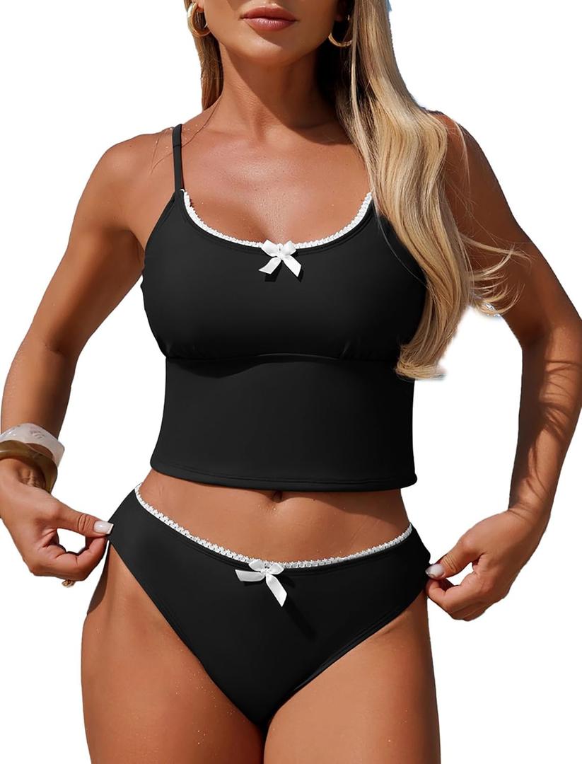 ZAFUL Womens Tankini Swimsuits Tummy Control High Cut Bow Decor Bathing Suits Two Piece Bikini Sets S