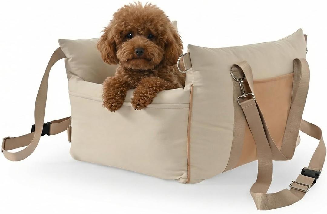 Amazon Basics Dog Car Seat, Pet Booster for Small-Medium Dogs with Leash & Washable Cover, Beige