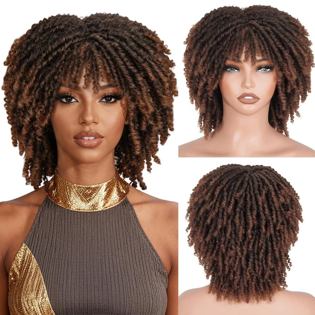 Braided Wigs for Black Women and Men Dreadlock Wig Short Afro Wig Layered Glueless Passion Twist Hair Faux Locs Crochet Hair Curly Synthetic Wig with Bangs (#1B/30 Ombre Brown, 12 Inch)