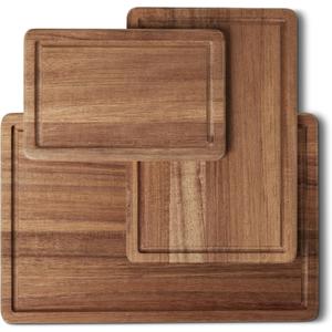 Amazon Basics Wooden Chopping Boards, 3-Piece Set, Acacia Wood, Pre-Oiled with Juice Groove