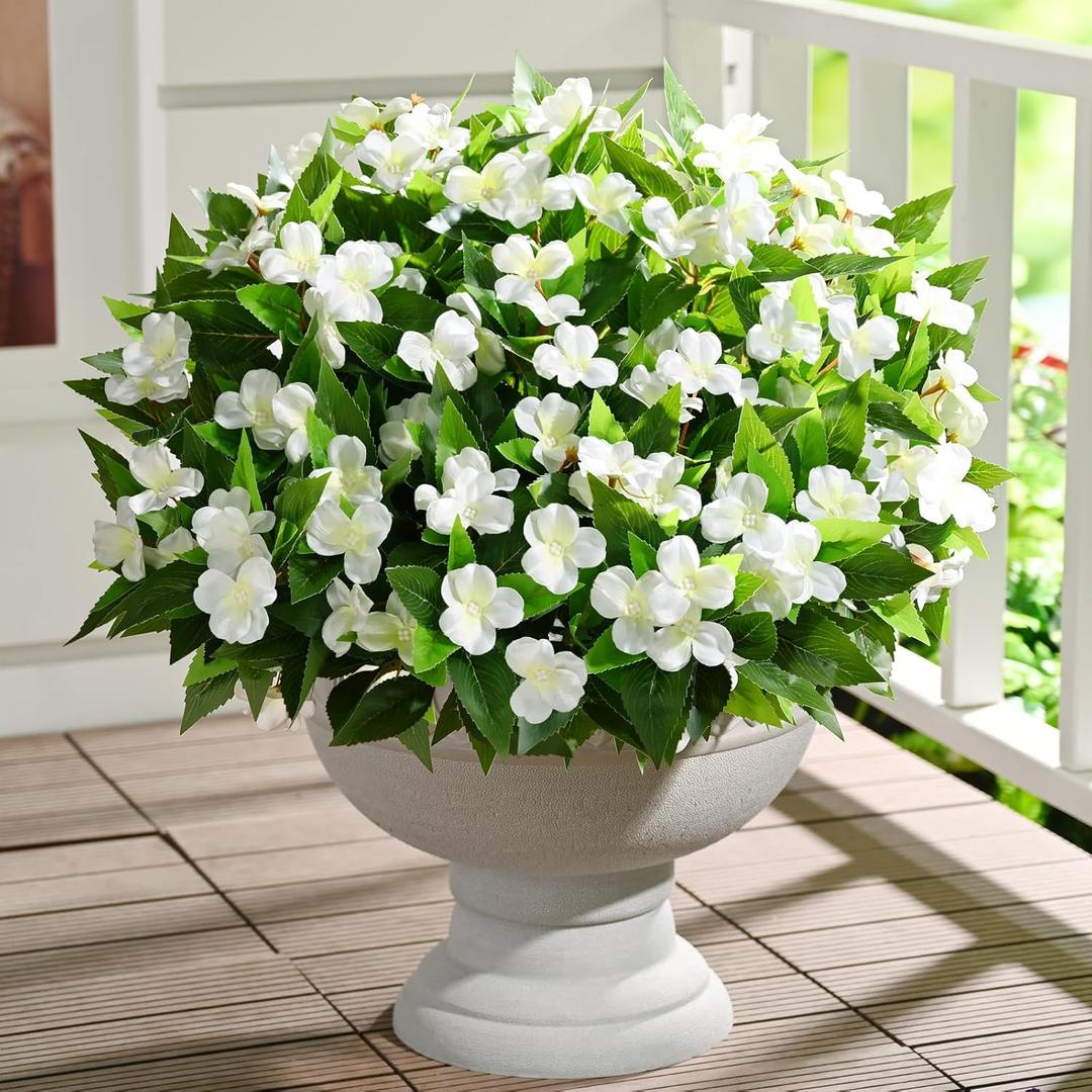 Waipfaru 10 Pcs Artificial Flowers for Outdoors, UV Resistant Faux Flowers for Outdoor Planters, Silk Impatiens Bouquet White Spring Artificial Plants for Garden Porch Patio Balcony Yard Decoration