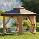 Garveelife Pop Up Gazebo 13x13, 6 Sided Outside Canopy Tent with Mosquito Netting, One Push Setup for Backyard Patio Garden Activities - Khaki & Brown