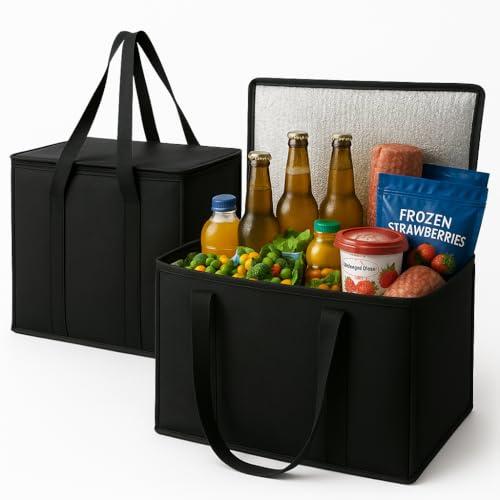 musbus 2-Pack, XL-Large Insulated Grocery Shopping Bags, Black, Reusable Bag,Thermal Zipper,Collapsible,Tote,Cooler,Food Transport hot and Cold,Camping