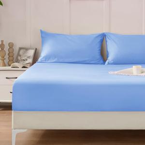 Homiest 3PCS Pure Cotton Fitted Sheet & Pillowcase Set, Full Size, 400 Thread Count, Soft & Breathable, 15 Inch Deep Pocket, Luxury 5-Star Hotel Quality Cotton Sheets, Light Blue