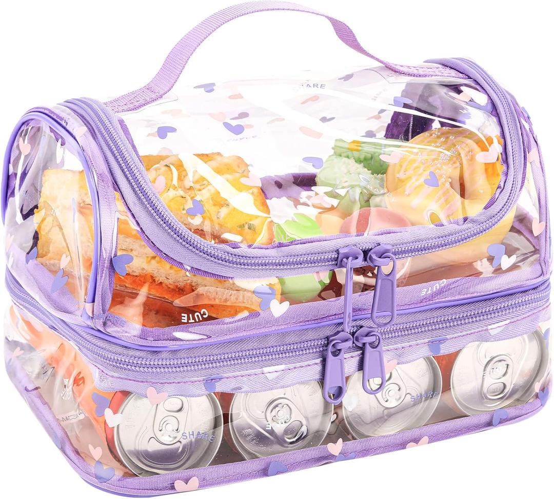 Purple Clear Lunch Bag for Women Tote bag with lunch compartment Double Plastic Tranaparent Lunchbox for Kids