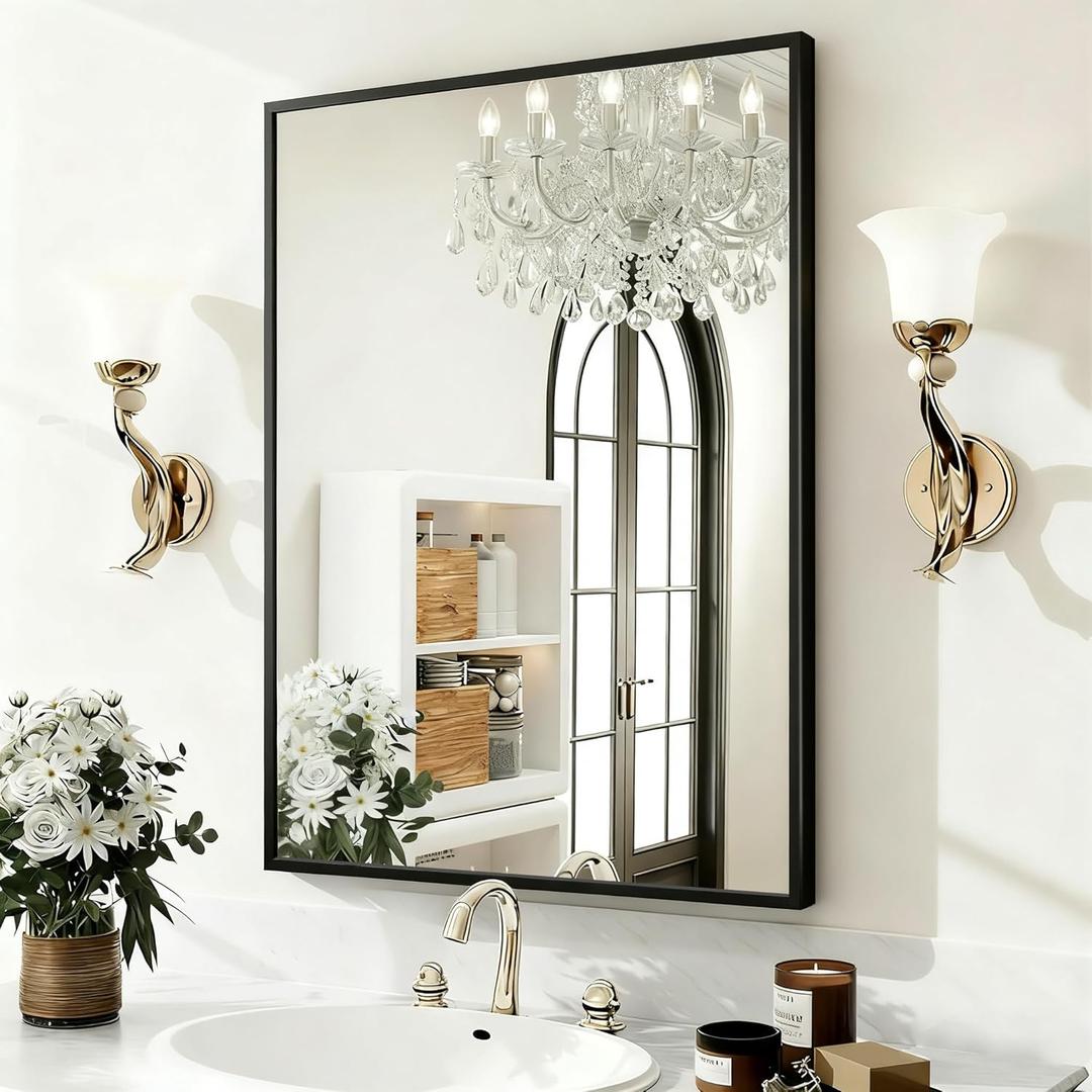 PUZONJIG 24''x36'' Wall Mirror for Bathroom Vanity, Modern Frosted Metal Framed Arch Mirror, Wall Mounted for Bedroom, Living Room, Entryway (Black, Rectangle)
