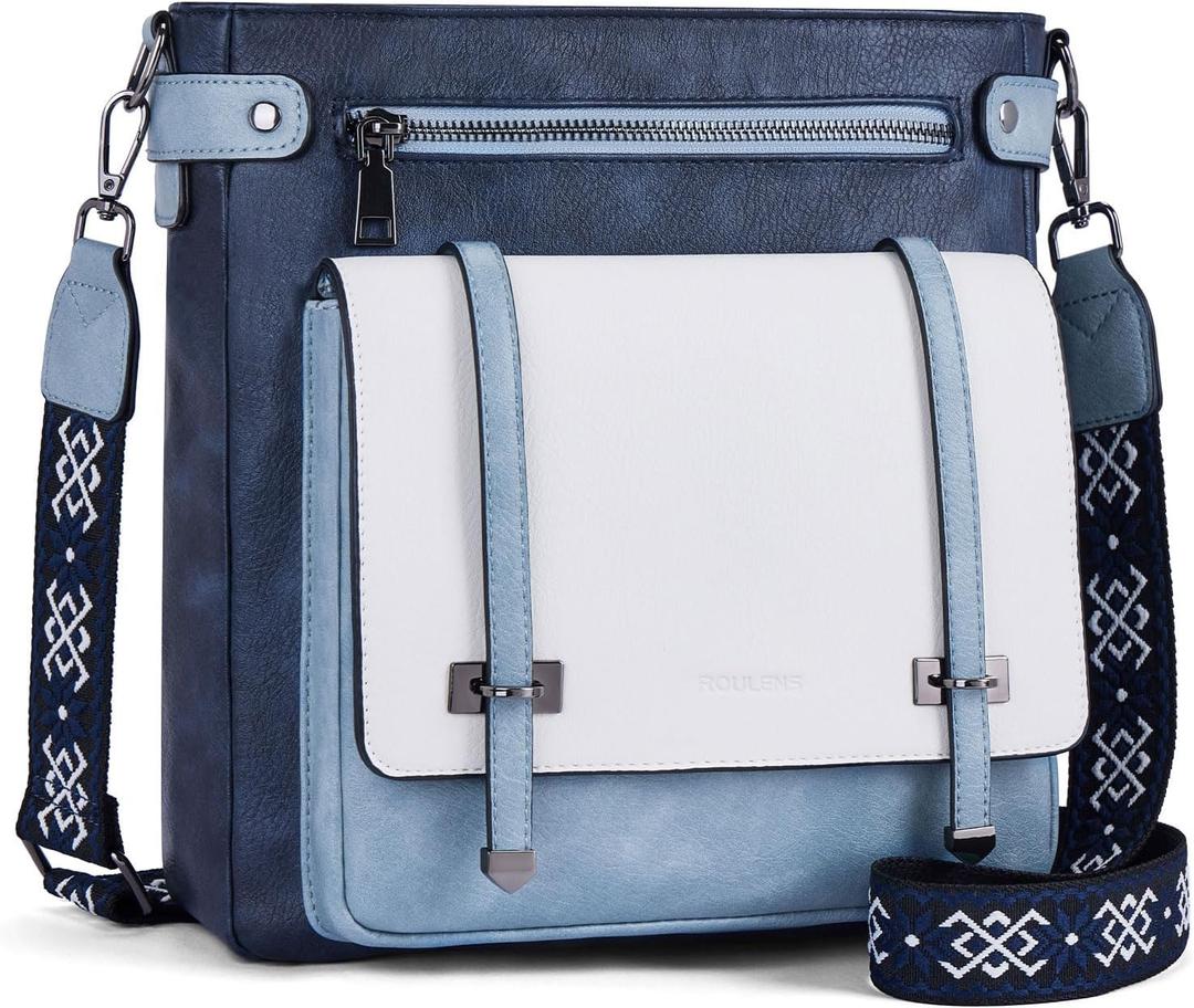 Roulens Crossbody Bags for Women,Multi Pocket Crossbody Purses Vegan Leather Shoulder Handbags Travel Purse Adjustable Strap (Blue/White)
