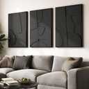 Large 3D Textured Framed Black Abstract Wall Art for Living Room, 3 piece Modern Minimalist Geometric Texture Artwork for Walls, Sandstone Art Pictures for Bedroom Hallway Office Wall Decor 24x36 In, 24"w X 36"h X 3pcs