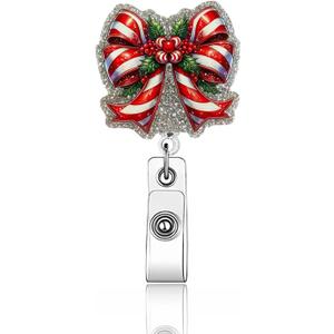 Christmas Bow Retractable Badge Reel Glitter Acrylic Badge Clip Cute Bow Retractable Badge Holder with Alligator Clip Winter Xmas ID Badge Holder for for Nurse Doctor Medical Worker & Teacher